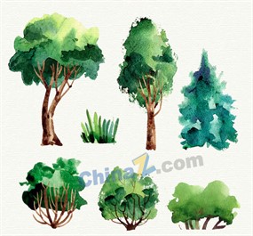 水彩绘绿色树木矢量素材